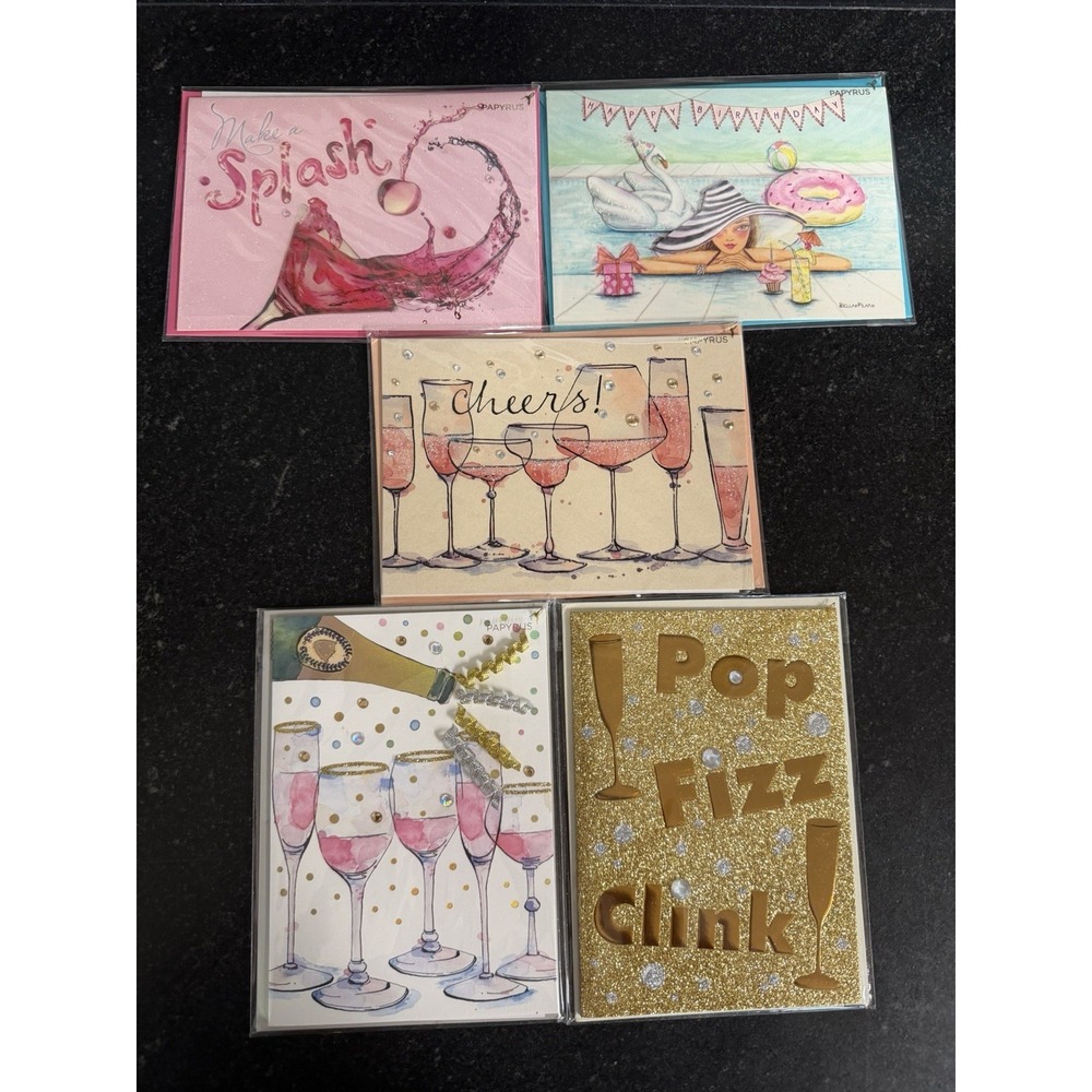 Papyrus Greeting Cards Lot of 5 New Sealed Birthday, Cheers, New Year, Wedding